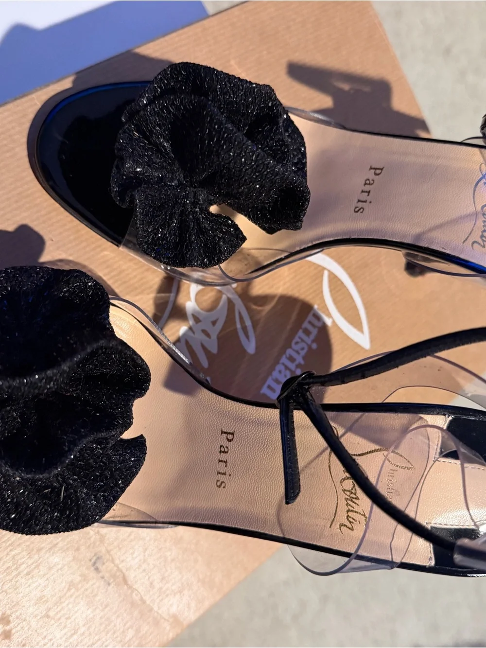 Christian Louboutin Clear Slingback Heels with Black Floral Bow